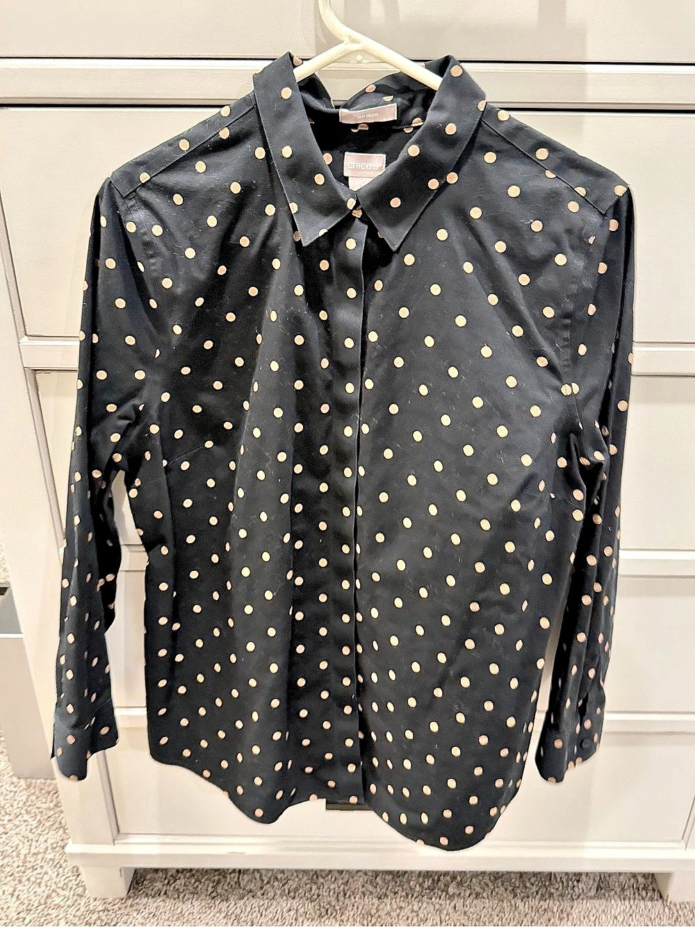 Chico's Polka Dot Button Down Shirt in Black & Pink Size 2 (U.S. 12/14) Like New